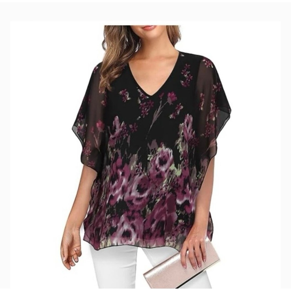 Lotusmile Womens Floral Chiffon Poncho Blouse Black Magenta V-Neck Cape Sleeve L